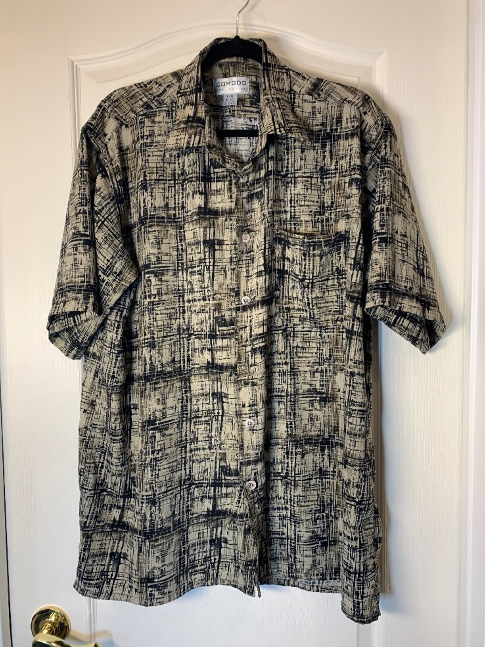 Vintage 90's Comodo Collection Tan & Black Abstract Print Men's Shirt L 16-16½